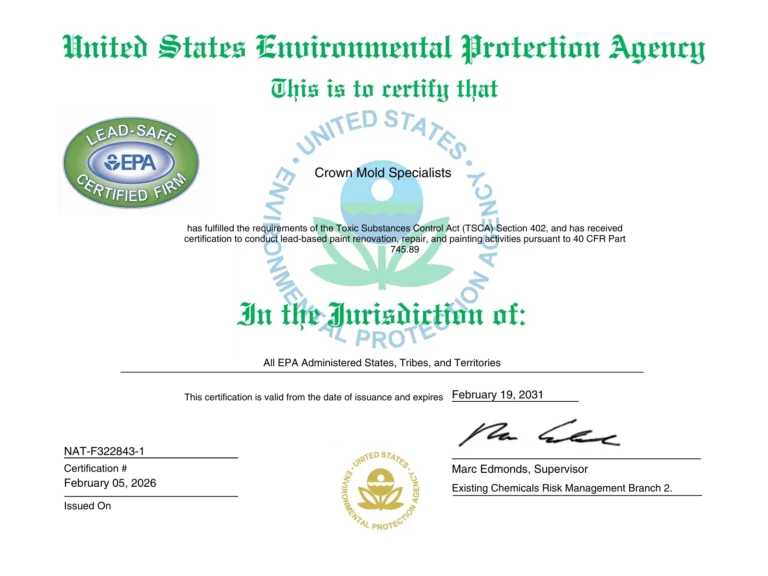 EPA Lead-Safe Certified Firm certificate for Crown Mold Specialists under TSCA Section 402 (NAT-F322843-1)